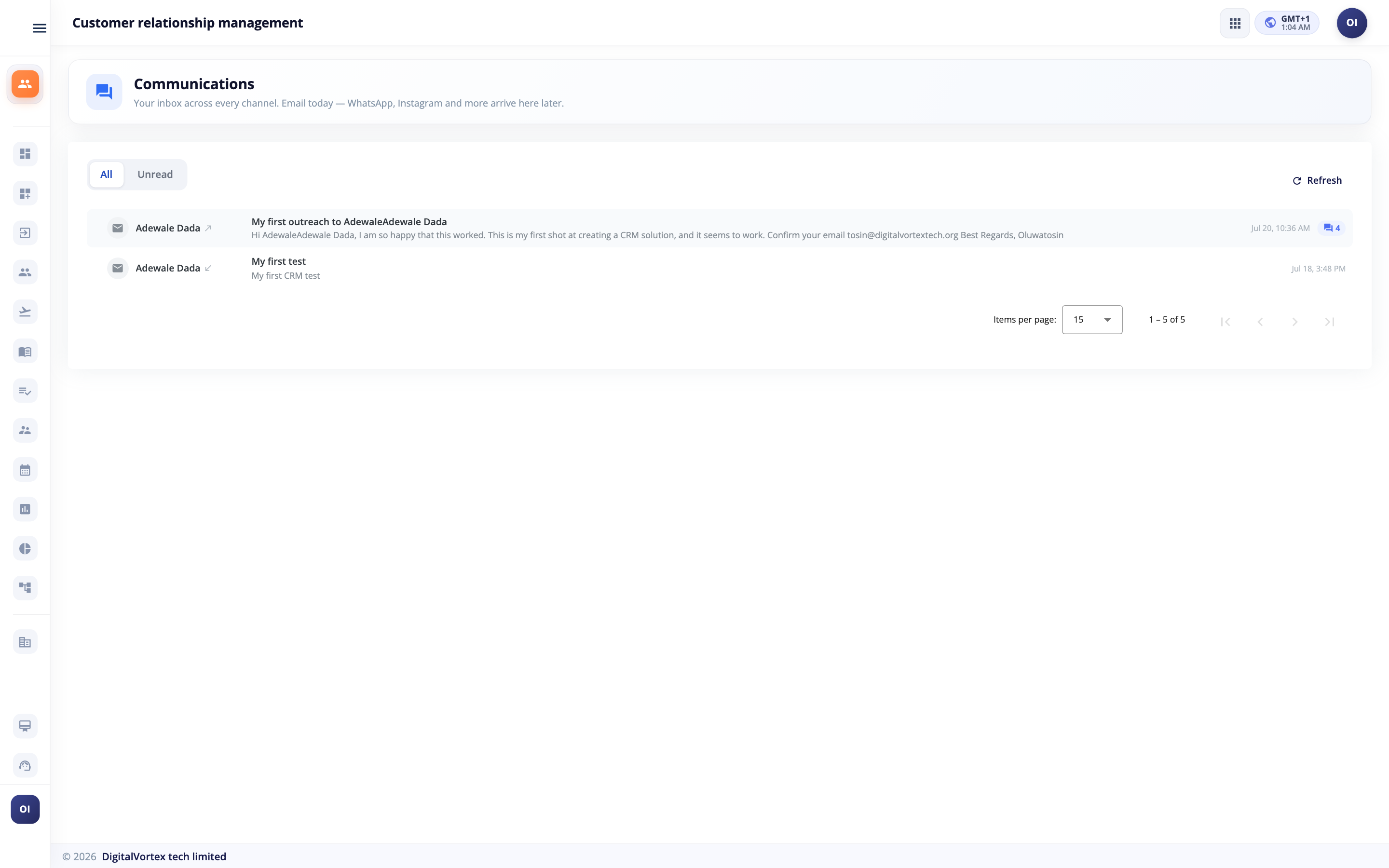 Communications in Hubtoll CRM