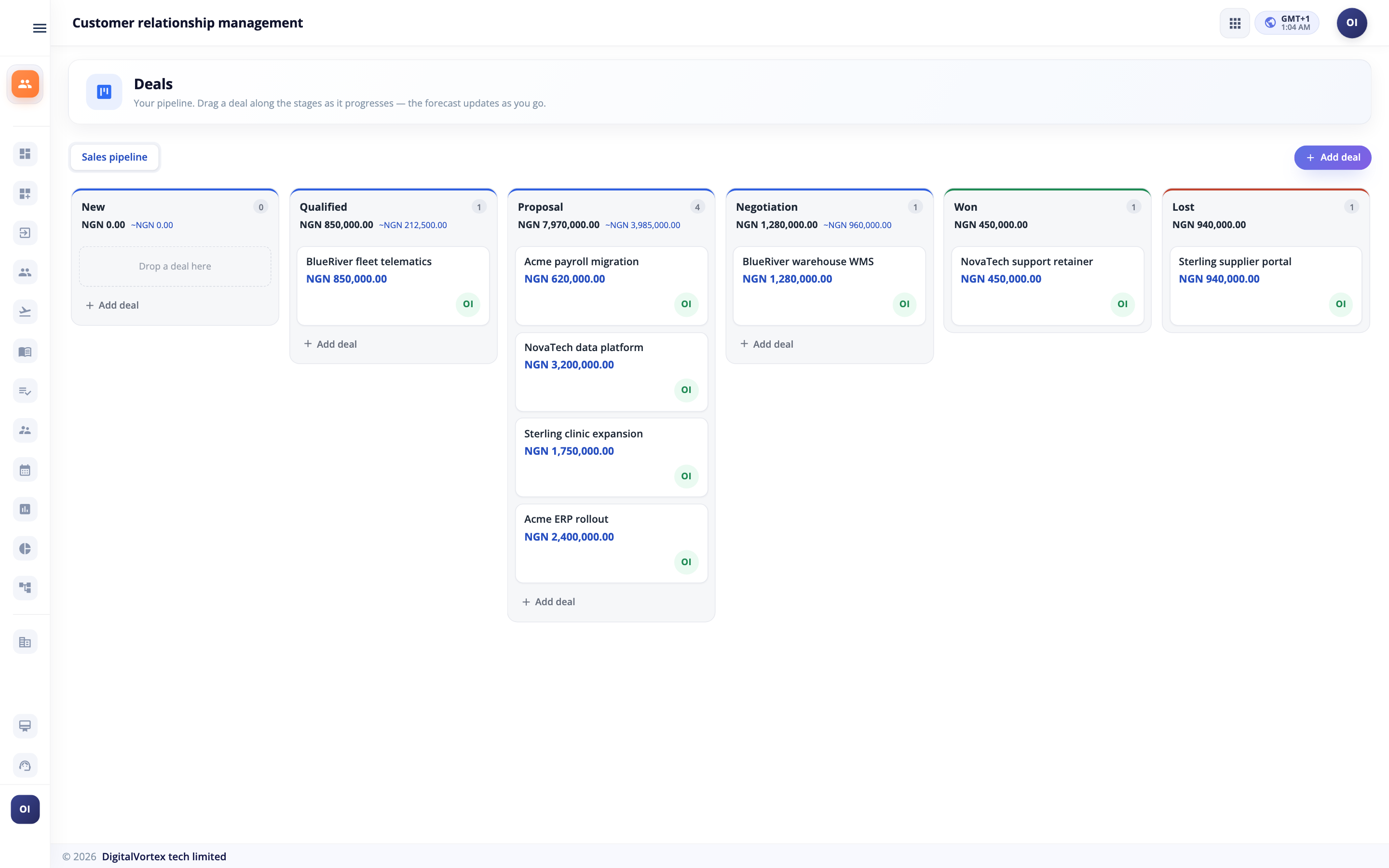 Deals & Pipeline in Hubtoll CRM