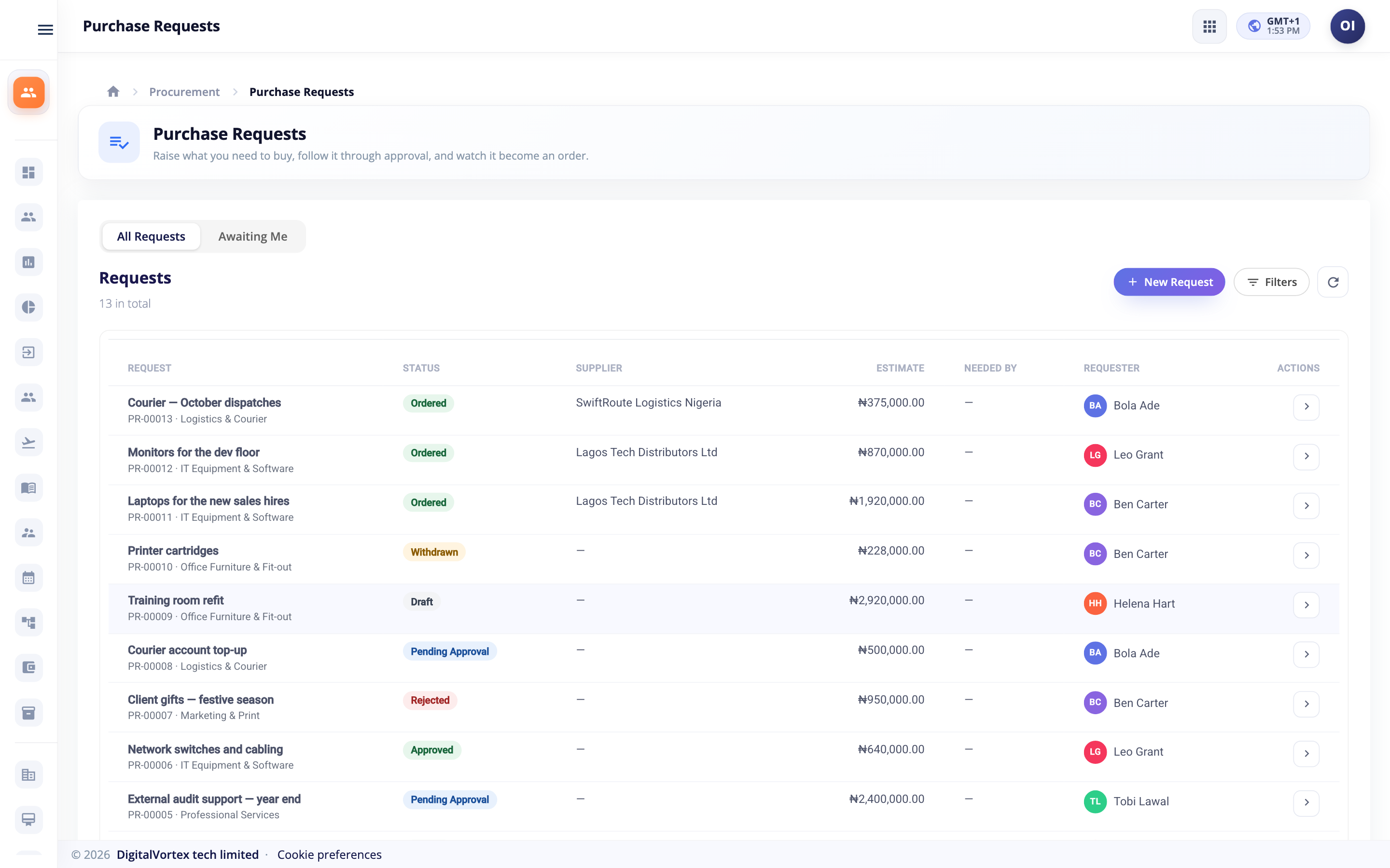Purchase Requests in Hubtoll Procurement